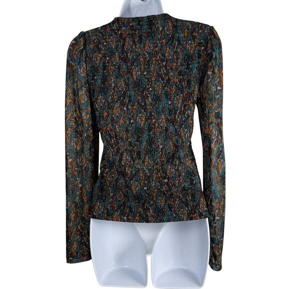 Evereve Top Womens Small Blue Floral Kate Smocked Mesh Sleeve Whimsigoth Fairy - Picture 8 of 10